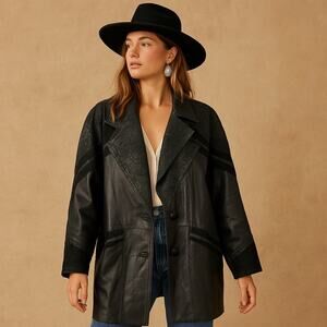 Vintage 80s Western Style Black Leather Embossed Suede Trench JAcket L